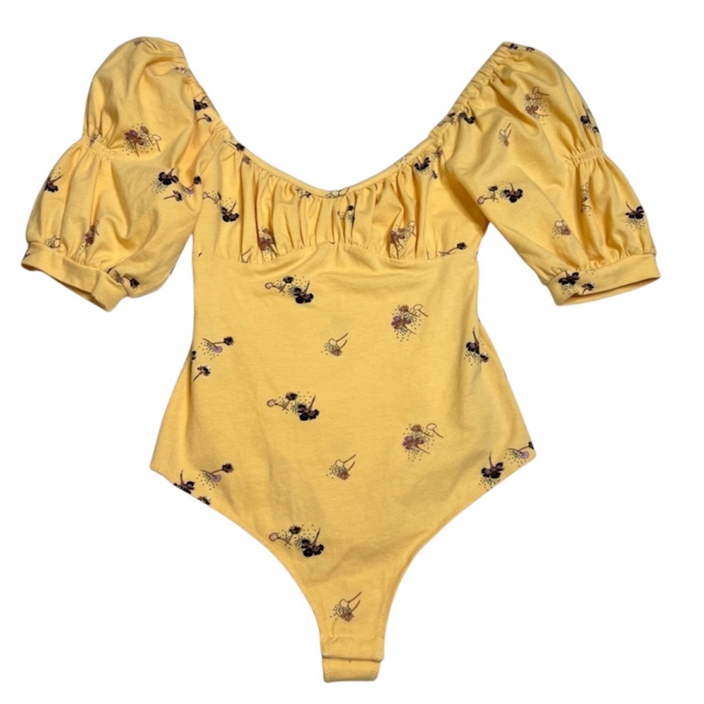 3/$25 Intimately Free People Bodysuit Yellow Floral Print Puff Sleeve Dainty XS